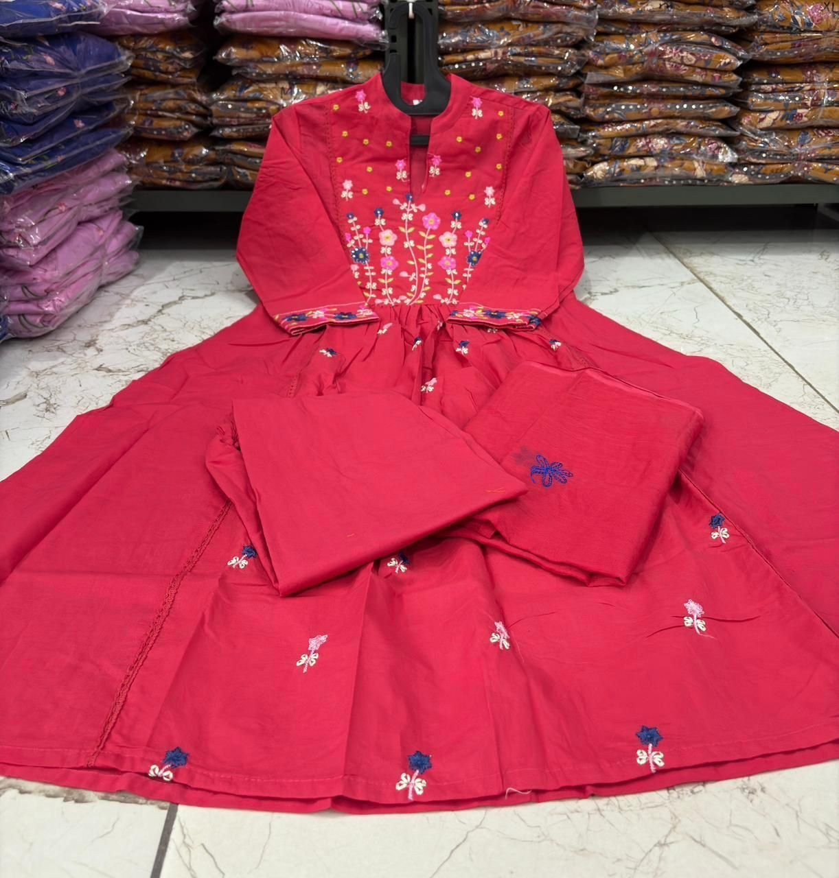 Pink Cotton Embroidered Kurti Set with Pant & Dupatta